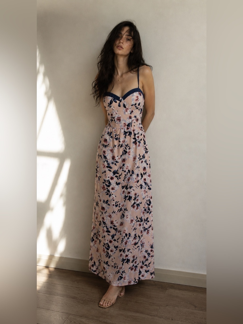 Band of Gypsies Pink Floral Smocked Maxi Dress with Navy Accents Small Bustier
